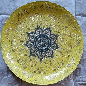 Decorative Platter, Silver, Gray, Yellow, with Silver on the Back